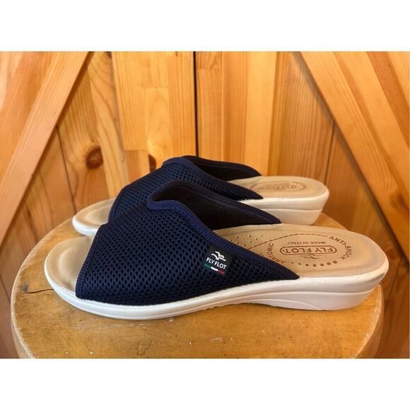 Fly Flot Navy Mule Cloth Sandals Slides Anti Shock Heel Size 40/9 - Picture 1 of 8